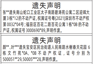 深圳登报商报报纸图：不动产权证（房产证）遗失声明登报范本的图样