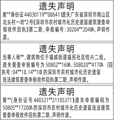 深圳登报商报报纸图：深圳市农村城市化历史遗留建筑普查申报收件回执遗失声明登报范本的图样