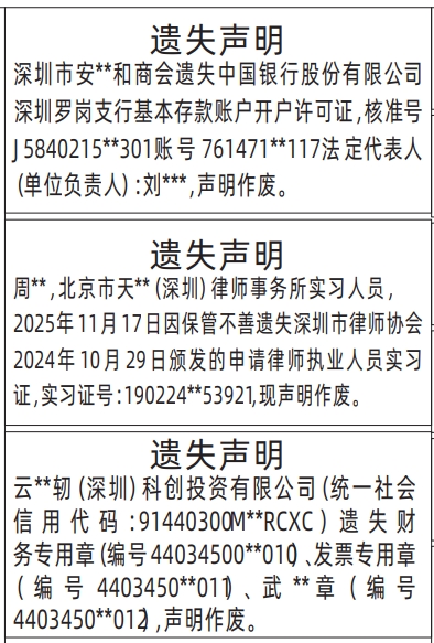 深圳登报商报报纸图:开户许可证、律师执业人员实习证、财务专用、发票专用章遗失声明登报范本的图样