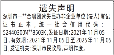深圳登报商报报纸图:民办非企业单位(法人)登记证书遗失声明登报范本的图样