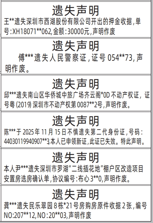 深圳登报商报报纸图:押金收据、警察证、不动产权证、房产证、身份证、安置房选房确认单、购房原件收据遗失声明登报范本的图样
