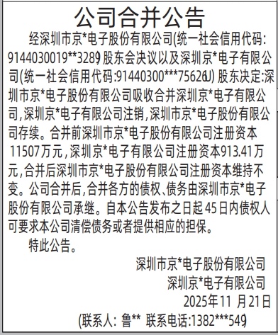 深圳登报商报报纸图:公司合并公告登报范本的图样