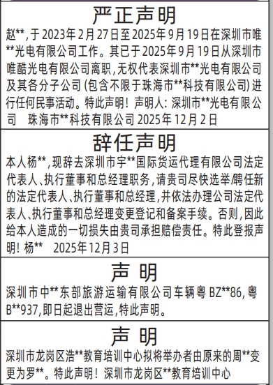 深圳登报商报报纸图：离职无权代表严正声明、辞职辞任声明、举办者变更登报范本的图样
