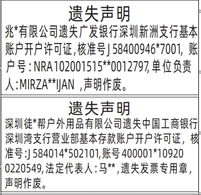 深圳登报商报报纸图：基本存款账户开户许可证遗失声明登报范本的图样