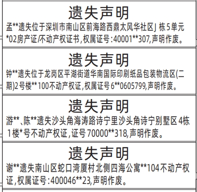 深圳登报商报报纸图:房产证、不动产权证遗失声明登报范本的图样
