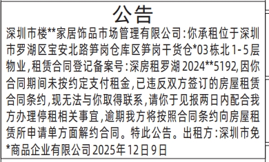 深圳登报商报报纸图：（房屋租赁）公告登报范本的图样