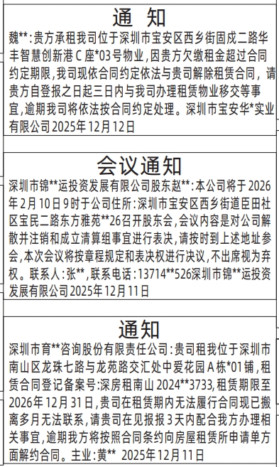 深圳登报商报报纸图：（房屋租赁）通知、股东会议通知登报范本的图样