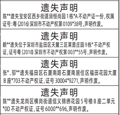 深圳登报商报报纸图：不动产权证、房产证遗失声明登报范本的图样