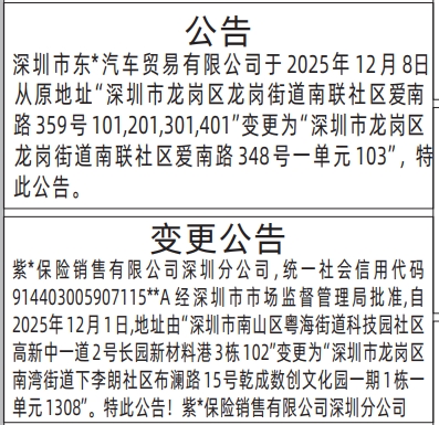 深圳登报商报报纸图：（地址）变更公告登报范本的图样