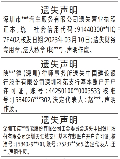 深圳登报商报报纸图：营业执照、基本账户开户许可证遗失声明登报范本的图样