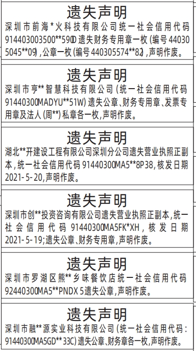 深圳登报商报报纸图：（企业证件遗失）公章、财务专用章、发票专用章及法人私章、营业执照遗失声明登报范本的图样
