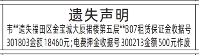 购房收据、租金押金收据收款收据、场地保证金单据遗失声明登报范本