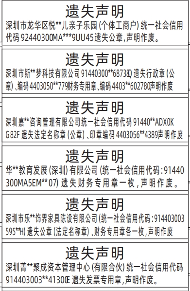 深圳登报商报报纸图：（带印章编码）法定名称章（公章）、财务专用章、发票专用章遗失声明登报范本的图样