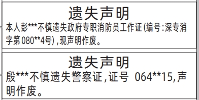 深圳登报商报报纸图：警察证、政府专职消防员工作证遗失声明登报范本的图样