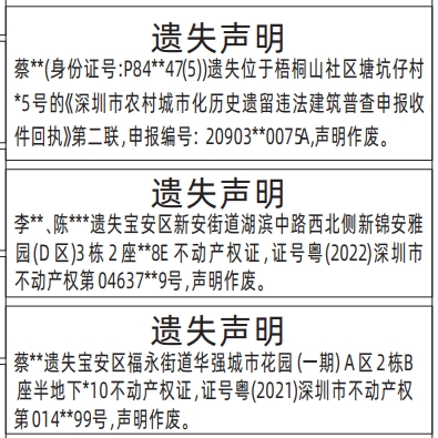 深圳登报商报报纸图：深圳市农村城市化历史遗留违法建筑普查申报收件回执、不动产权证、房产证遗失声明登报范本的图样