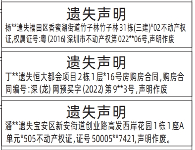 深圳登报商报报纸图：买房购房合同、不动产权证、房产证遗失声明登报范本的图样
