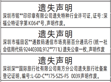 深圳登报商报报纸图:特种行业许可证、旅行社备案登记证明遗失声明登报范本的图样