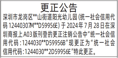 深圳登报商报报纸图:更正公告登报范本的图样