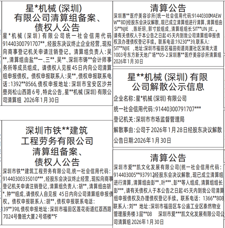 深圳登报深圳特区报报纸图:清算组备案、债权人公告,解散公示信息,清算公告登报范本的图样