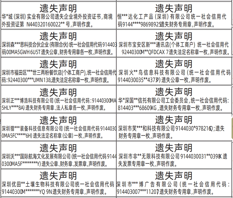 深圳登报深圳特区报报纸图：公章，财务专用章、法定名称章、发票章、企业境外投资证书遗失声明登报范本的图样