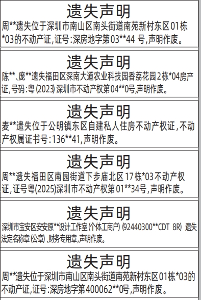 深圳登报深圳特区报报纸图：不动产证（房产证）遗失登报范本的图样