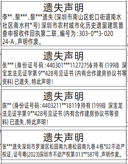 深圳登报深圳特区报报纸图：不动产权证、房产证、历史遗留建筑普查申报收件回执、见证书（内有合作建房协议书等资料）遗失声明登报范本的图样