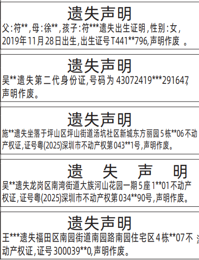 深圳登报深圳特区报报纸图：不动产权证、房产证、出生证明、身份证遗失声明登报范本的图样