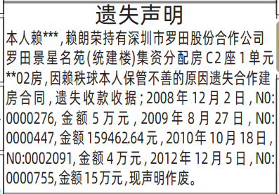 深圳登报深圳特区报报纸图：集资分配房合作建房合同收款收据遗失声明登报范本的图样