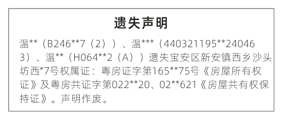 深圳登报深圳特区报报纸图:(房屋)权属证、房屋所有权证、房屋共有权保持证遗失声明登报范本的图样