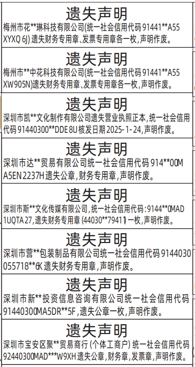 深圳登报深圳特区报报纸图：营业执照、财务专用章、发票专用章遗失声明登报范本的图样