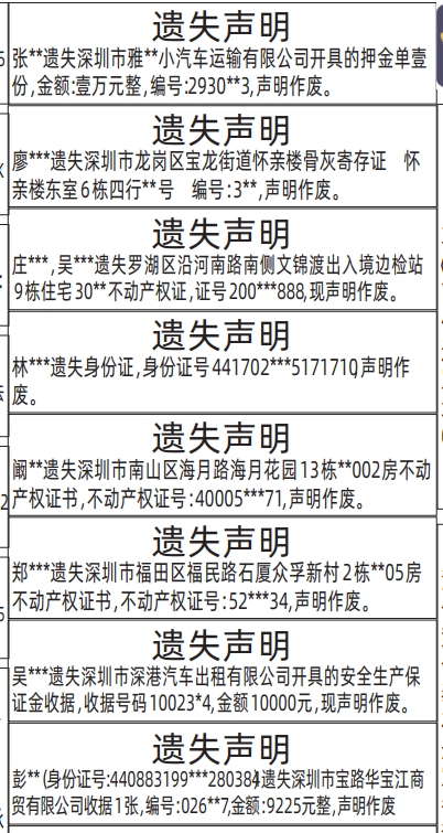深圳登报深圳特区报报纸图：押金单、骨灰寄存证、安全生产保证金收据、收据、不动产权证（房产证）遗失声明登报范本的图样