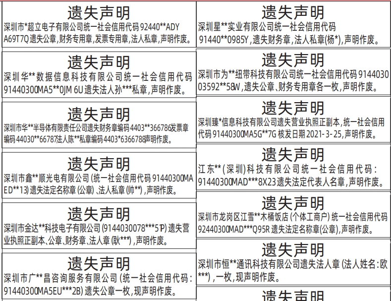 深圳登报深圳特区报报纸图：(企业各类章遗失)公章，财务专用章，发票专用章，法人私章遗失声明登报范本的图样