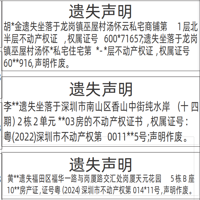 深圳登报深圳特区报报纸图：（房产证）不动产权证遗失声明 登报范本的图样