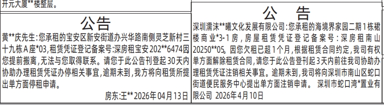 深圳登报深圳特区报报纸图：（房屋租赁）公告登报范本的图样