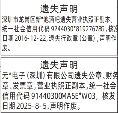深圳登报深圳特区报报纸图：遗失营业执照、公章、财务章、发票章登报范本的图样