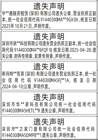 深圳登报深圳特区报报纸图：遗失营业执照、公章、财务章、发票章登报范本的图样