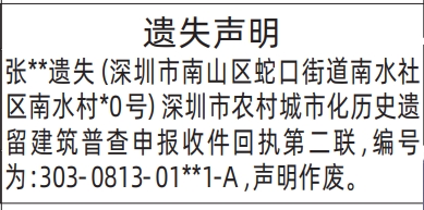 深圳登报深圳特区报报纸图：遗失深圳市农村城市化历史遗留违法建筑普查申报收件回执登报范本的图样