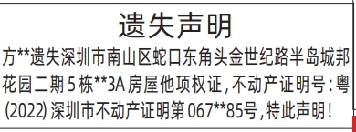 深圳登报深圳特区报报纸图：遗失房屋他项权证登报范本的图样