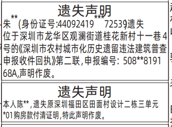 深圳登报深圳特区报报纸图：深圳市农村城市化历史遗留违法建筑普查申报收件回执、购房款付清证明遗失声明-登报范本的图样
