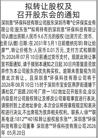 深圳登报深圳特区报报纸图：拟转让股权及召开股东会的通知-登报范本的图样