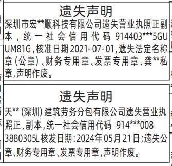 深圳登报深圳特区报报纸图：公章、财务专用章、发票专用章、私章、营业执照-登报范本的图样