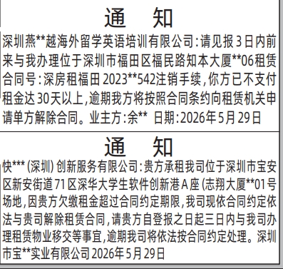  深圳登报深圳特区报报纸图：（房屋租赁）通知-登报范本的图样
