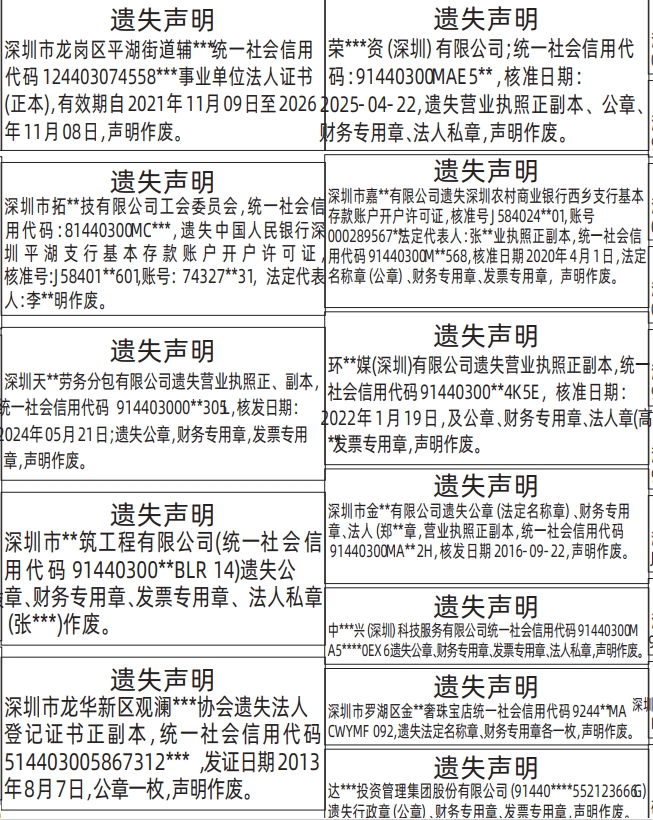 深圳登报深圳特区报报纸图:(事业单位法人证书、法人登记证书、营业执照正副本、公章、财务专用章、法人私章、开户许可证)遗失声明-登报范本的图样