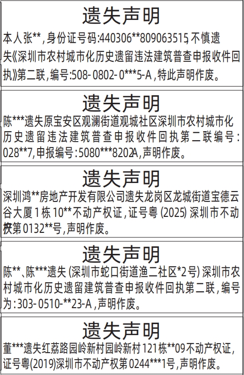 深圳登报深圳特区报报纸图:(农村城市化历史遗留违法建筑普查申报收件回执、不动产证、房产证)遗失声明-登报范本的图样