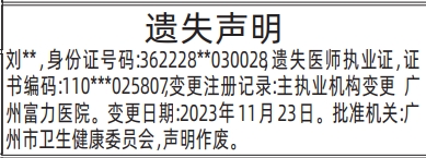 深圳登报深圳特区报报纸图:医师执业证遗失声明-登报范本的图样
