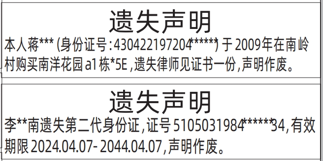 深圳登报深圳特区报报纸图:身份证、律师见证书-遗失声明-登报范本的图样