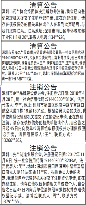 深圳登报深圳特区报报纸图:清算公告、清算公告-登报范本的图样
