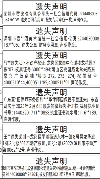 深圳登报深圳特区报报纸图:合同专用章、报关专用章、律师执业证书、营业执照、不动产权证(房产证)-遗失声明-登报范本的图样