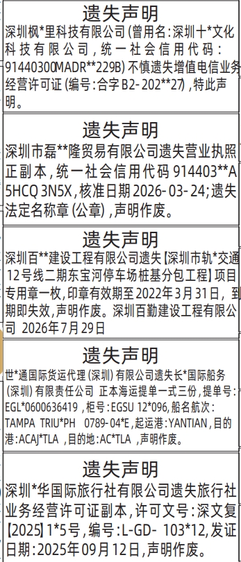 深圳登报深圳特区报报纸图：增值电信业务经营许可证、法定名称章（公章）、项目专用章、正本海运提单、旅行社业务经营许可证-遗失声明-登报模板的图样