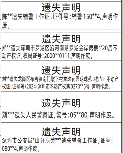 深圳登报深圳特区报报纸图：辅警工作证、不动产权证、房产证、警察证-遗失声明-登报模板的图样